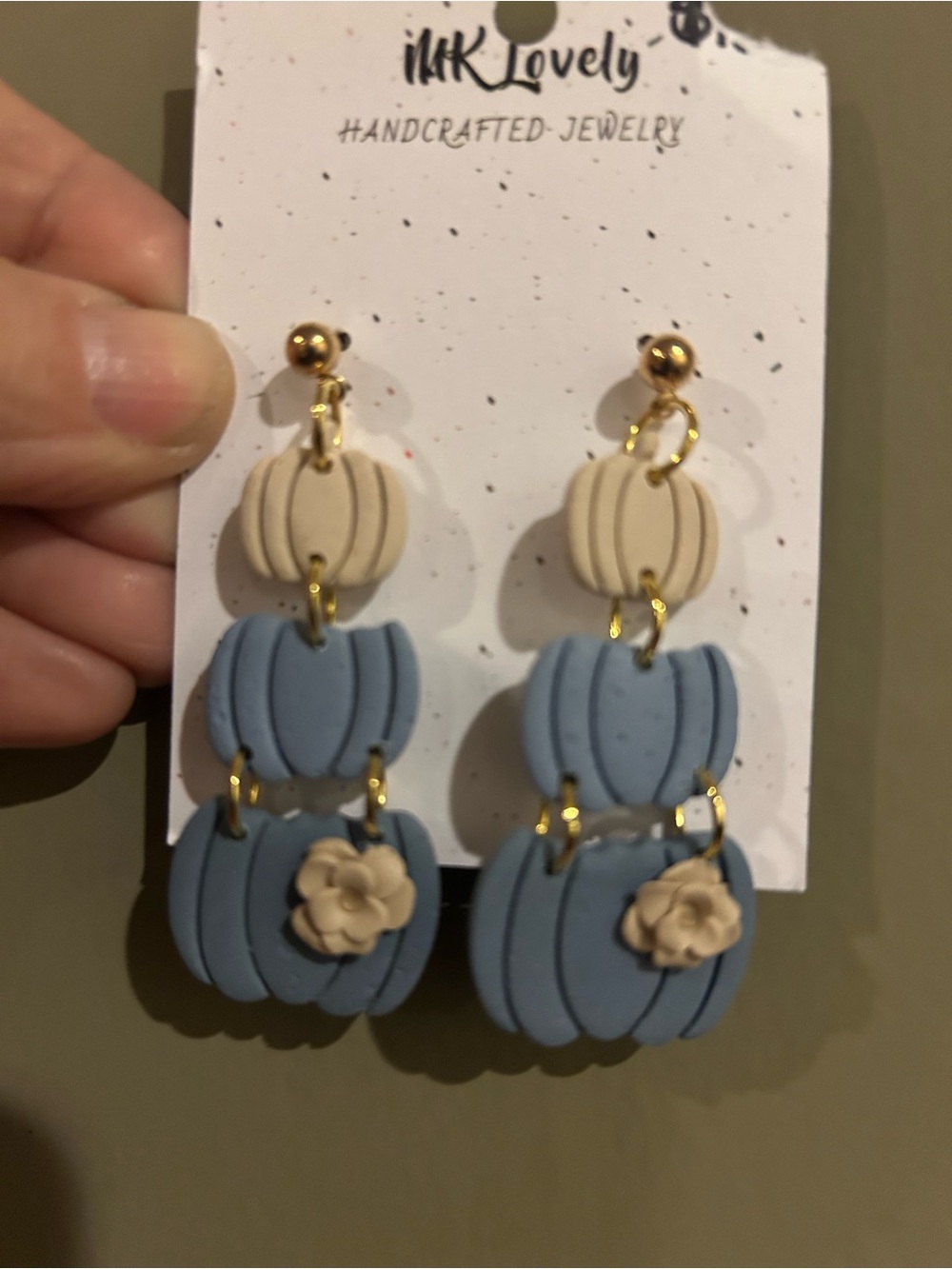 Blue and Cream Floral Dangle Pumpkin Earrings